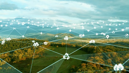 Imagem apresenta uma vista aérea de uma floresta, com aplicação de ícones interligados por linhas, que representam a integração que a tecnologia florestal oferece.